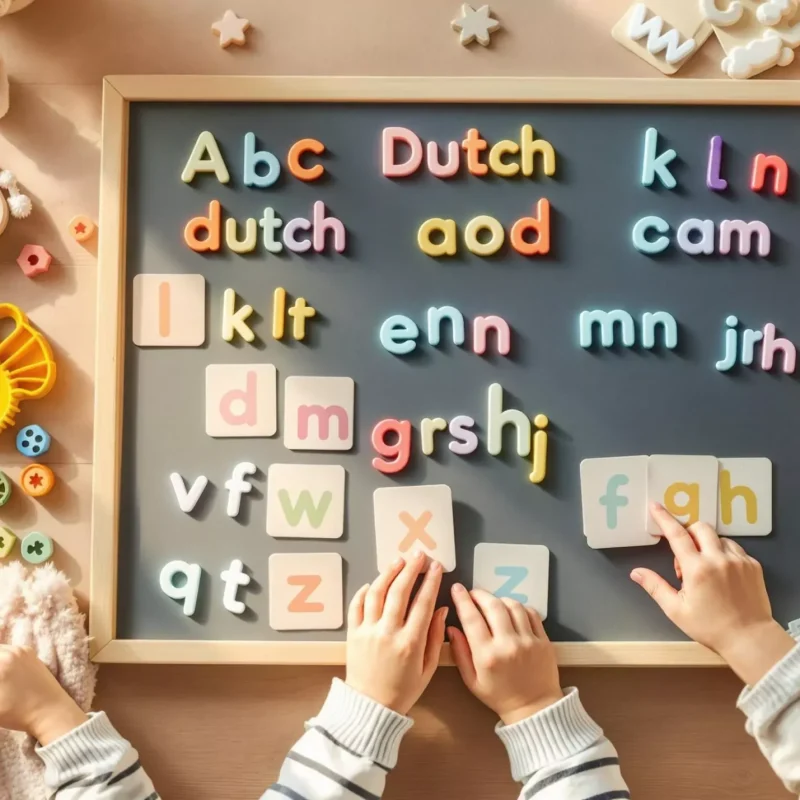 Peuter speelt met educatieve woordkaarten en magnetisch leerbord in warme, huiselijke setting met natuurlijke materialen